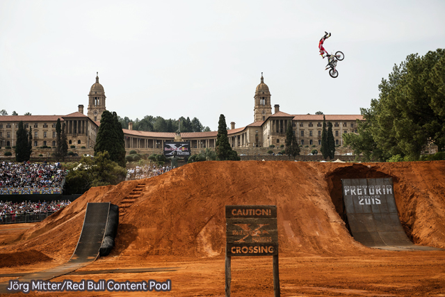 Maikel Melero of Spain performs during the finals of the fourth stage of the Red Bull X-Fighters World Tour in Pretoria, South Africa on September 12, 2015.